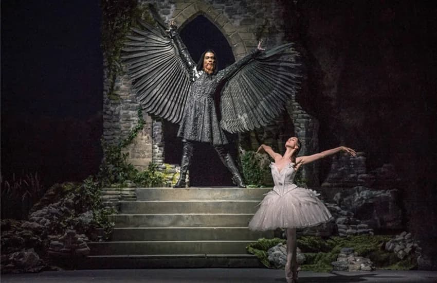 Un danseur aux grandes ailes noires dressé sur des marches