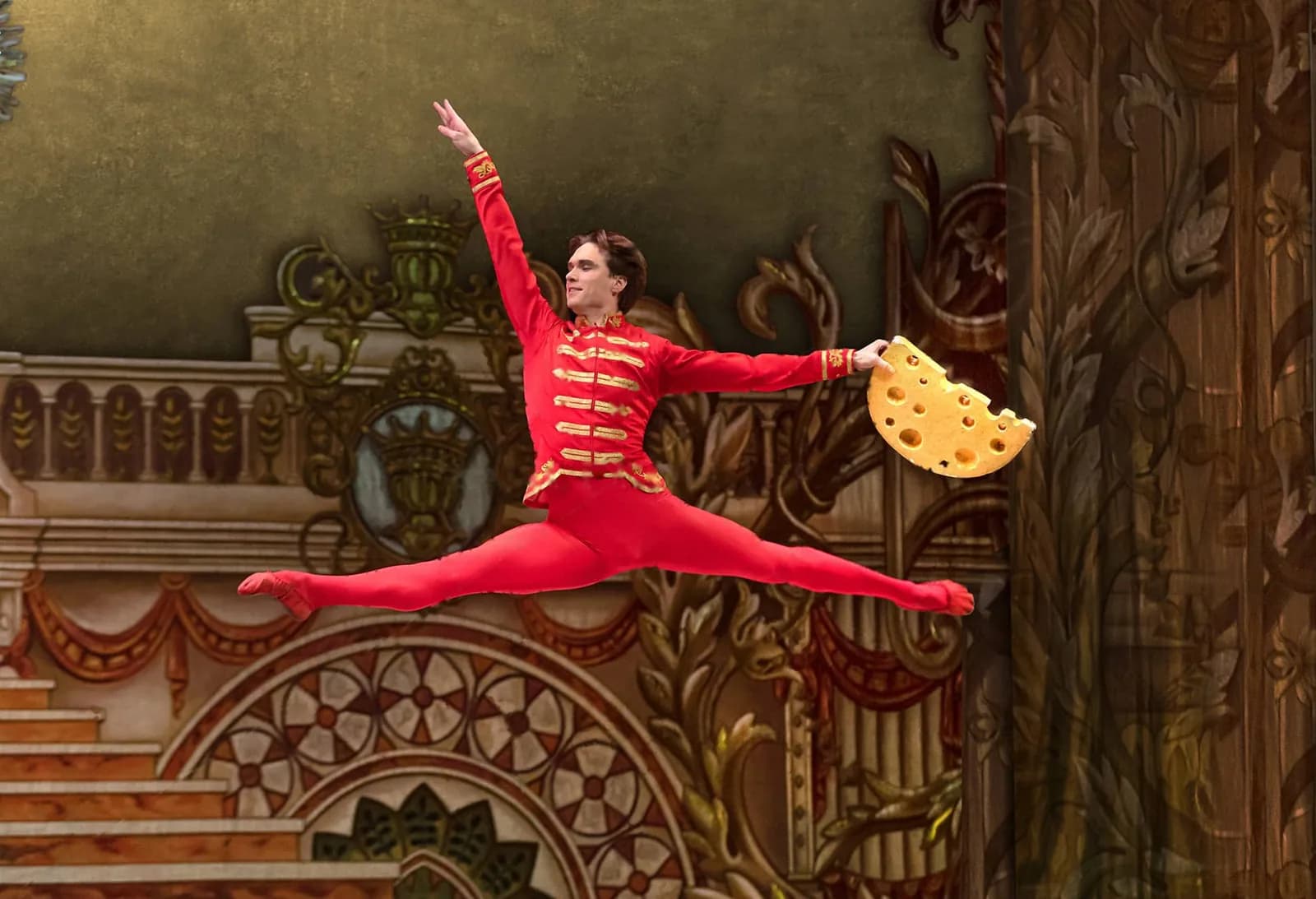 Danse de caractère en costumes dorés, lumière chaude latérale