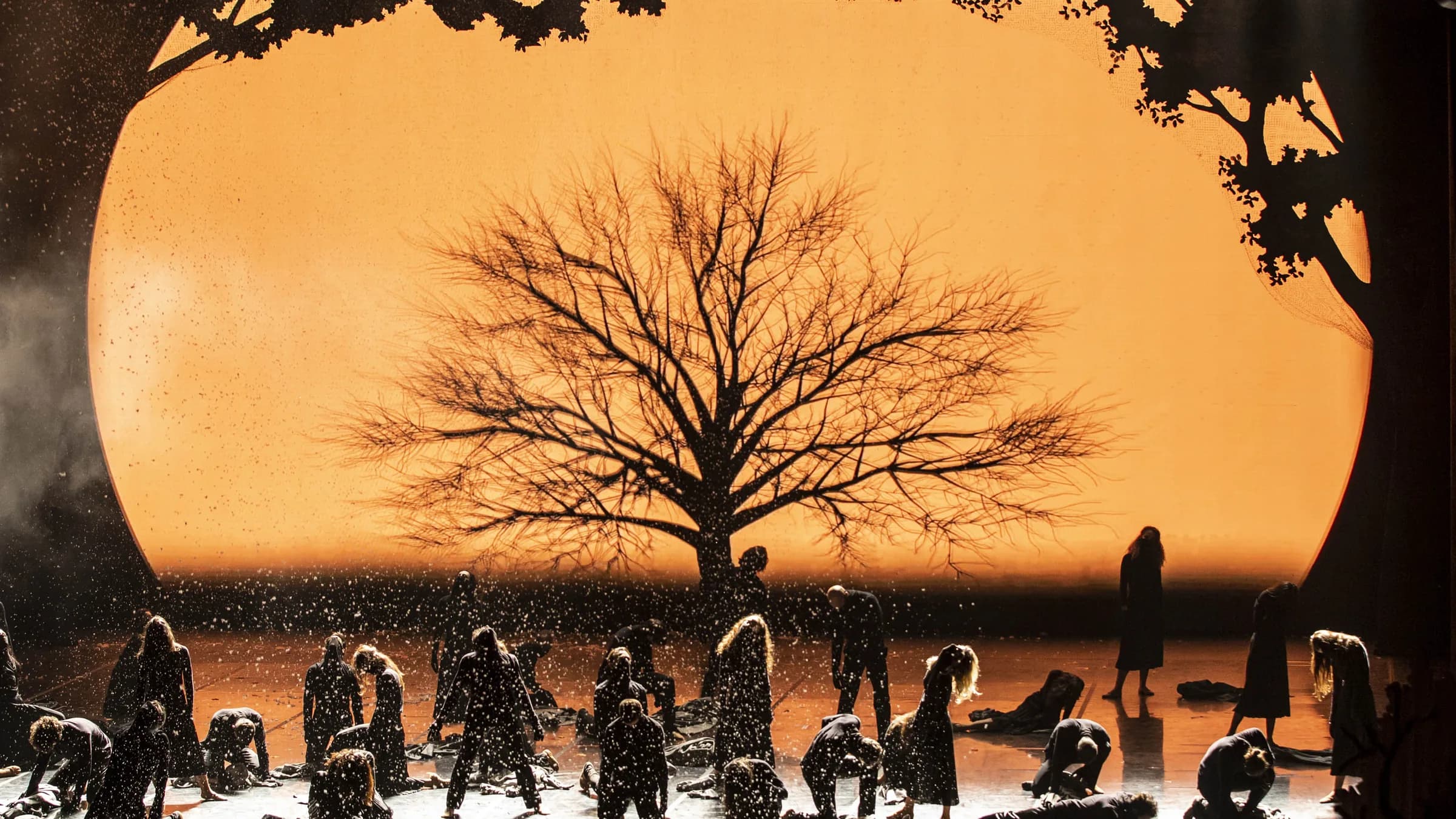 Un immense soleil orange derrière un arbre nu, la foule en silhouettes